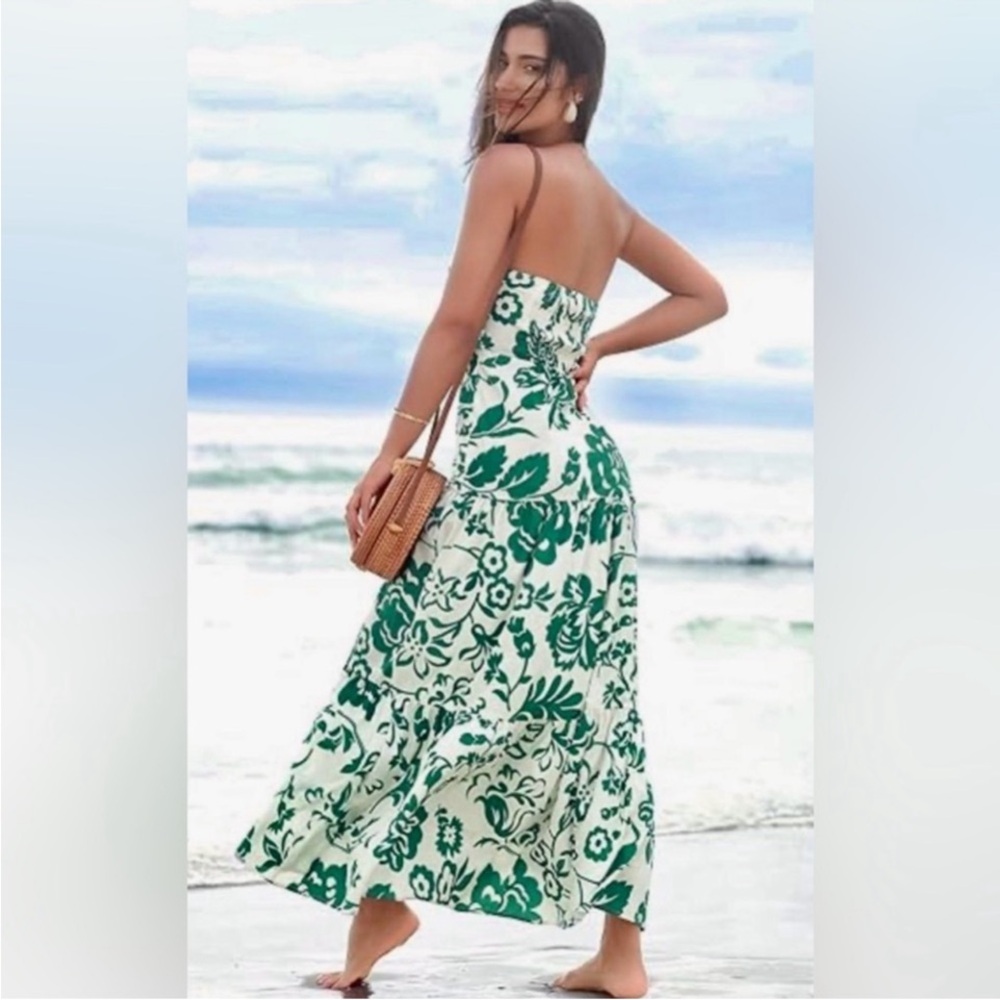 Strapless Green Floral Maxi Dress w/ pockets